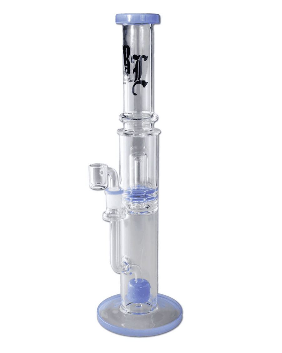 Seitenansicht der Black Leaf Bong mit Keg und Ufo Perkolator aus hellblauem Borosilikatglas