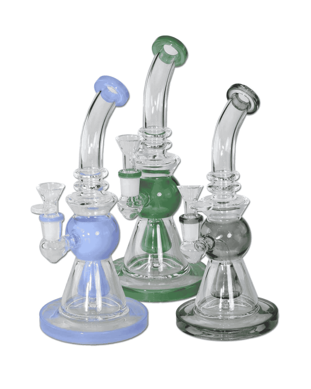 Seitenansicht des blauen Black Leaf Bubblers aus Borosilikatglas, Höhe 250mm.