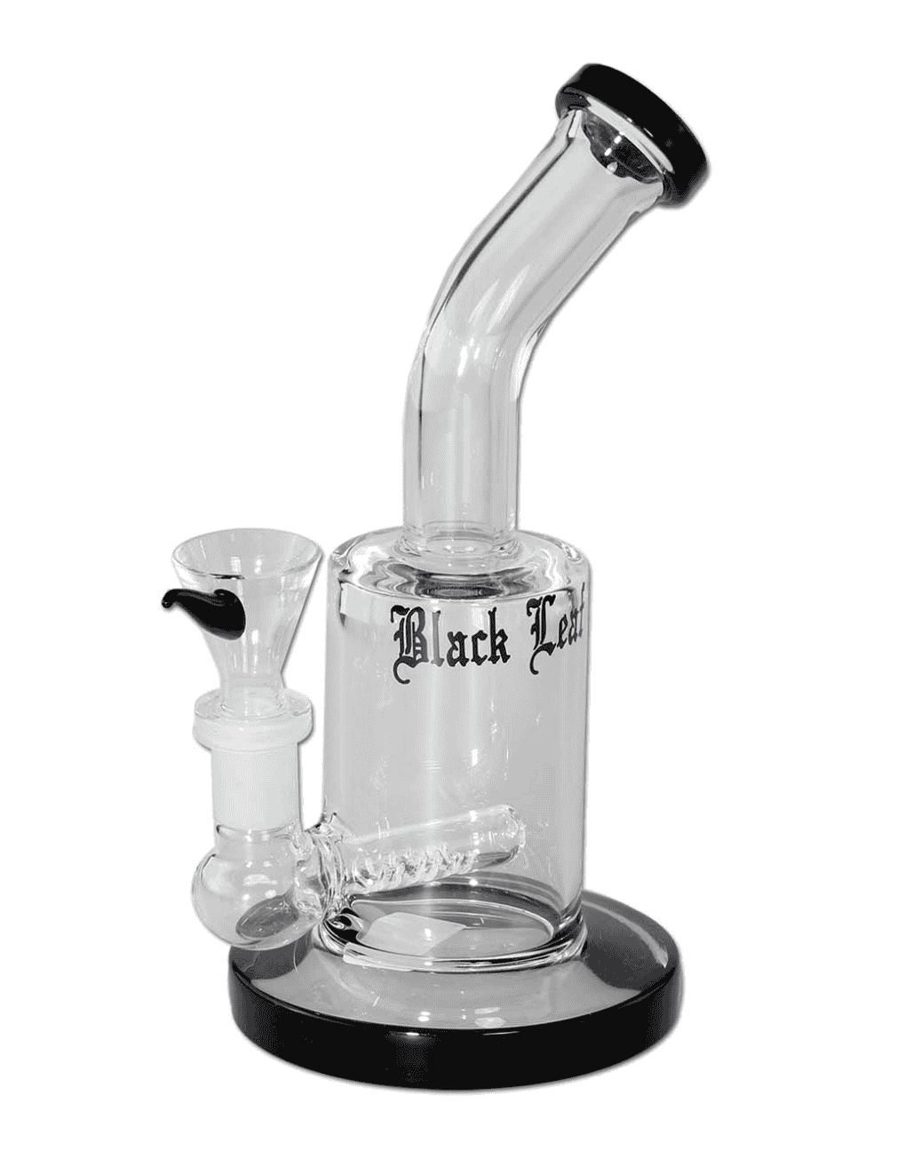 Vorderansicht des Black Leaf Bubblers, zeigt das grüne Borosilikatglas und das elegante Black Leaf Logo.