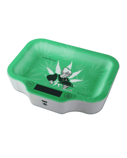 Nahaufnahme der Wiegeplattform der Black Leaf Digitalwaage, Größe 133x83mm, ideal für präzise Messungen.