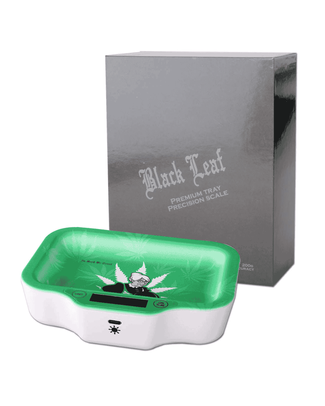 Vorderansicht der Black Leaf Digitalwaage mit Licht, Modell GRANDMA S FINEST, mit grünem Finish und Black Leaf Logo.