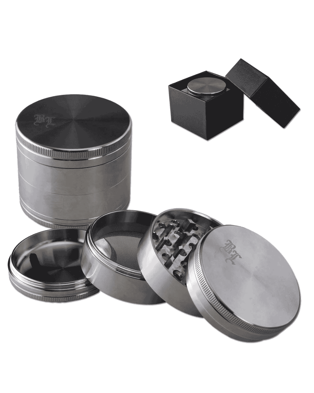 Gesamtansicht des Black Leaf Edelstahl Grinders, 4-teilig, in silber mit Black Leaf Logo