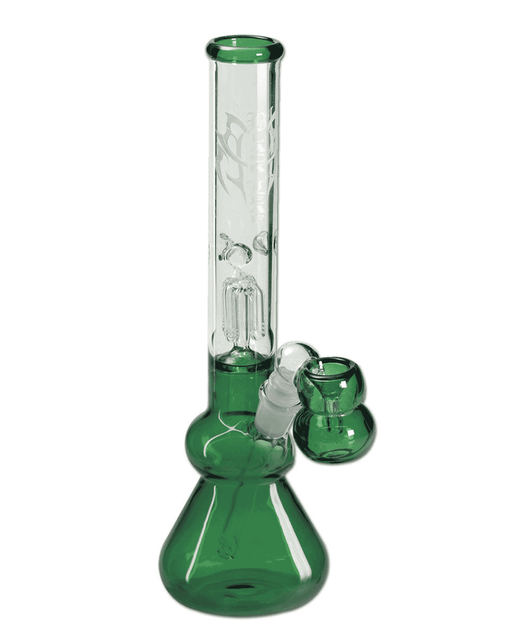 Seitenansicht der Black Leaf Fly Icebong, die das Black Leaf Fly Logo und die 300mm Höhe zeigt