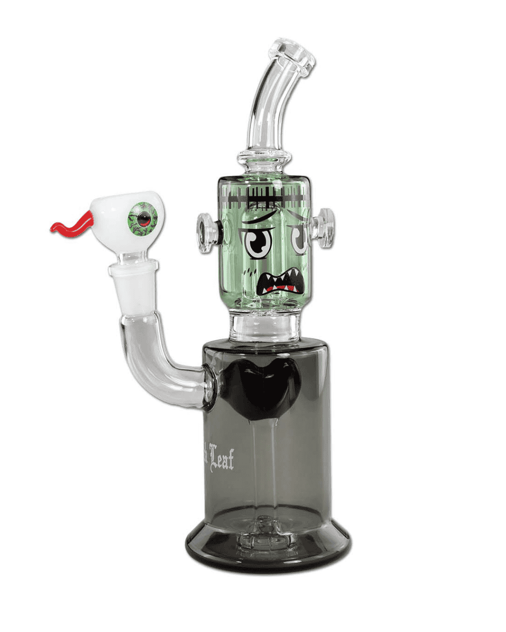 Frontansicht der Black Leaf Glasbong FRANKENSTEIN aus Borosilikatglas mit Black Leaf Logo