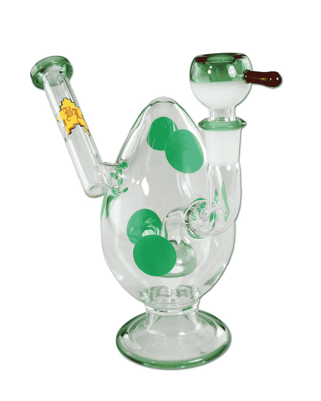 Seitenansicht der Black Leaf Glasbong SPOTTED EGG aus Borosilikatglas mit Black Leaf Logo