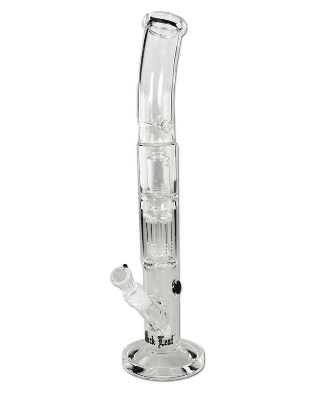 Seitenansicht der Black Leaf Icebong mit Baumperkolator aus Borosilikatglas, klarer Farbe und Black Leaf Logo
