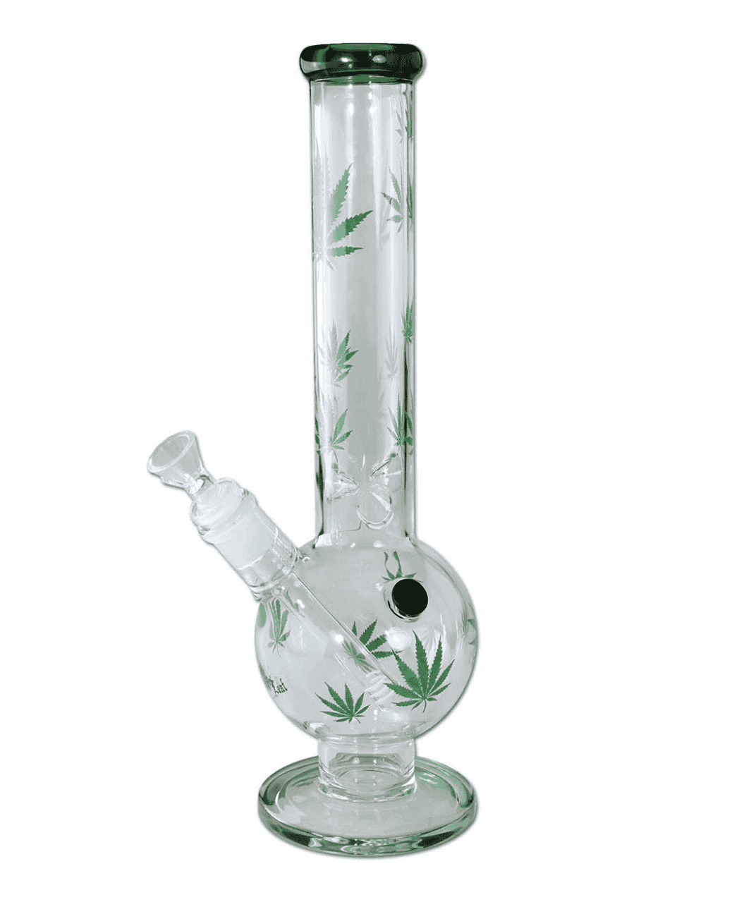 Vorderansicht der Black Leaf Icebong GREEN LEAVES aus Borosilikatglas mit einem grünen Blattmotiv.