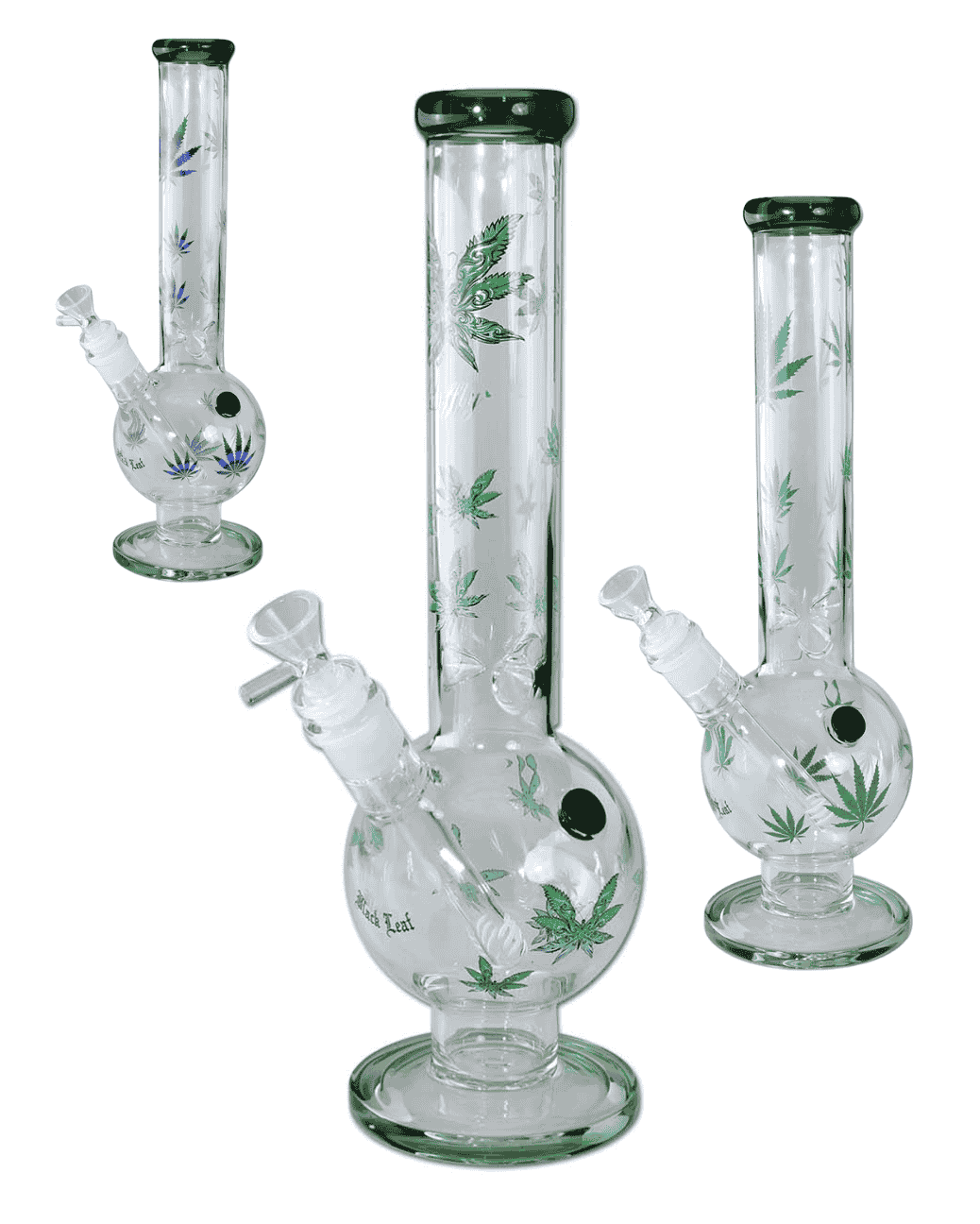 Detaillierte Ansicht des Schlitzdiffusorchillums der Black Leaf Icebong GREEN LEAVES mit einer Länge von 130mm.