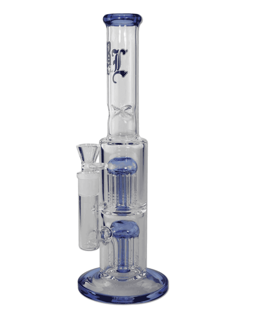 Seitenansicht der Black Leaf Icebong mit 2x 8-Arm Baumperkolator, gefertigt aus blauem Borosilikatglas.