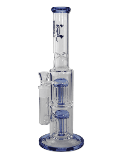 Seitenansicht der Black Leaf Icebong mit 2x 8-Arm Baumperkolator, gefertigt aus blauem Borosilikatglas.
