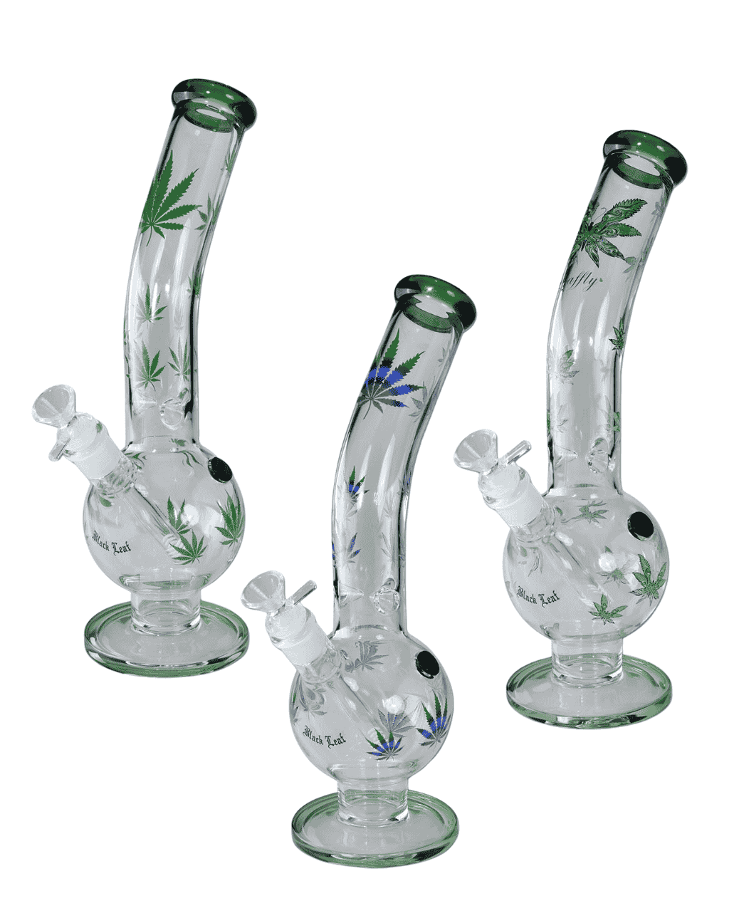 Seitenansicht der Black Leaf Icebong gebogen GREEN LEAVES aus Borosilikatglas mit grünem Blättermuster