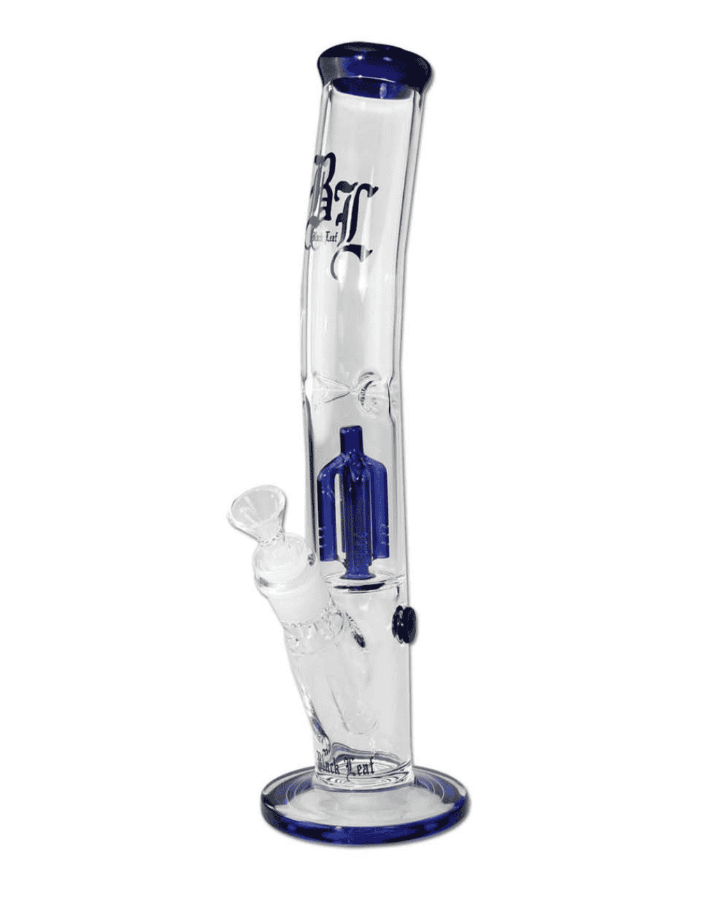 Frontansicht der Black Leaf Icebong mit 4-Arm Perkolator aus klarem Borosilikatglas, Höhe 330mm.