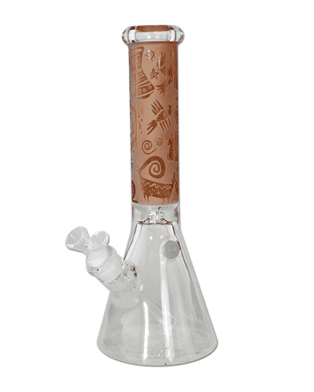Vorderansicht der Black Leaf Kokopelli Beaker Bong Ice in amber mit sandgestrahltem Logo