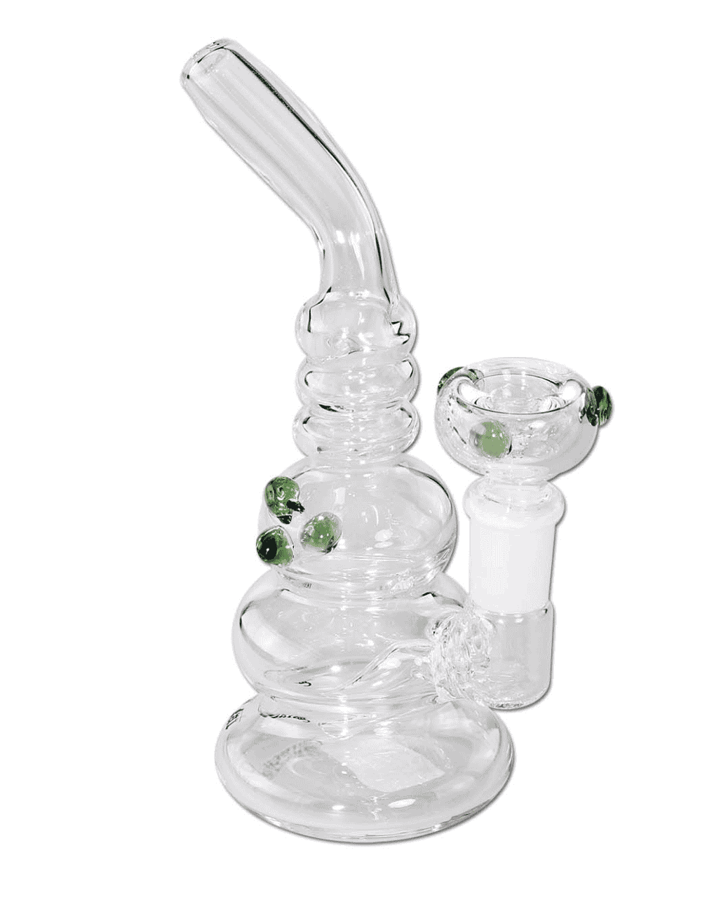 Gesamtansicht des Black Leaf Mini-Bubblers aus grünem Borosilikatglas mit 150mm Höhe