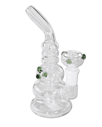Gesamtansicht des Black Leaf Mini-Bubblers aus grünem Borosilikatglas mit 150mm Höhe