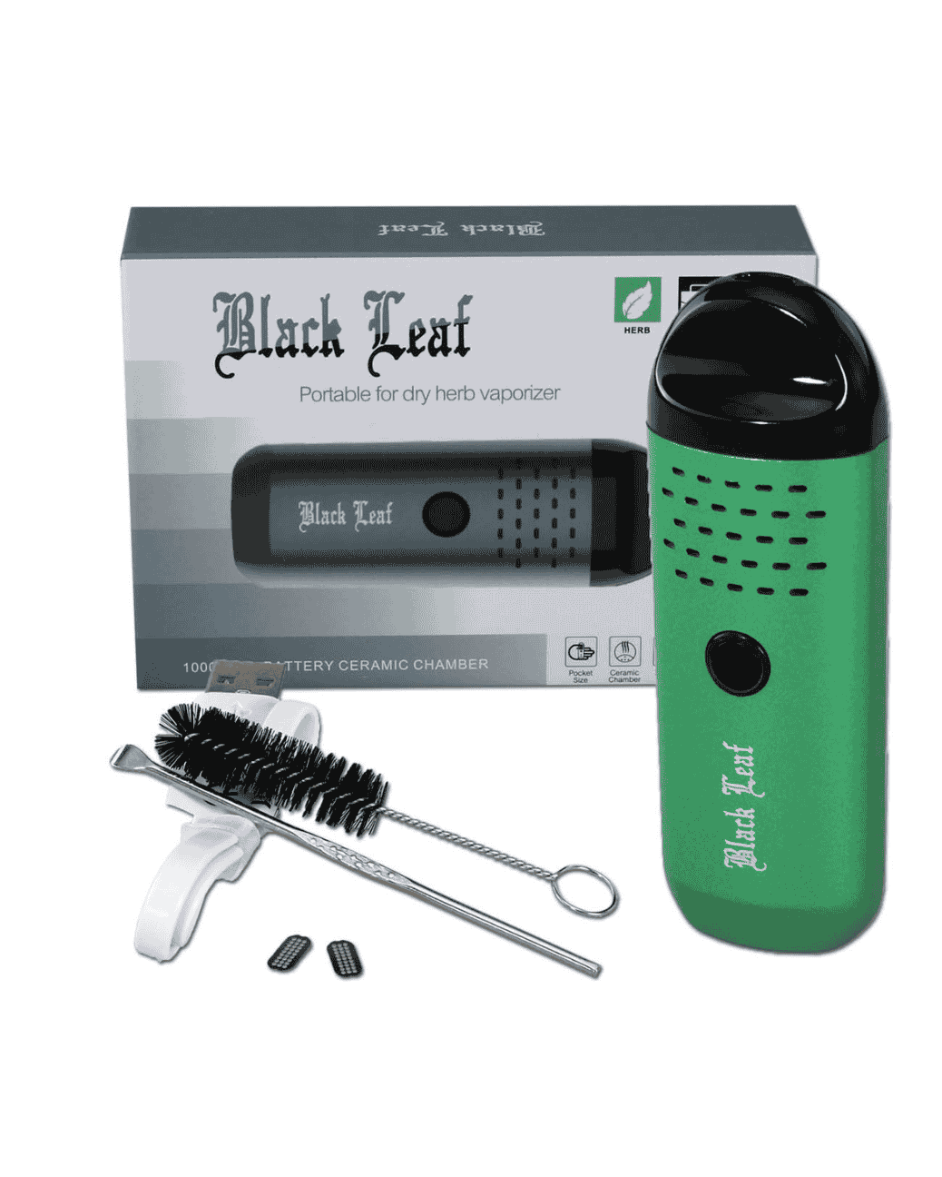 Seitenansicht des kompakten Black Leaf Mini-Vaporizers mit Black Leaf Logo