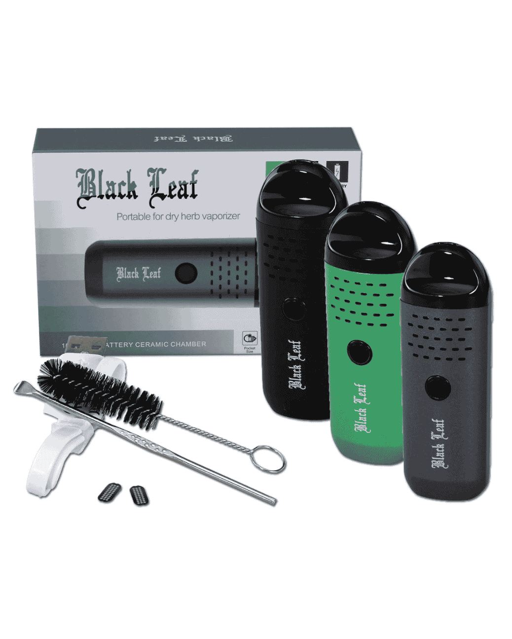 Vorderansicht des Black Leaf Mini-Vaporizers für Kräuter in Schwarz