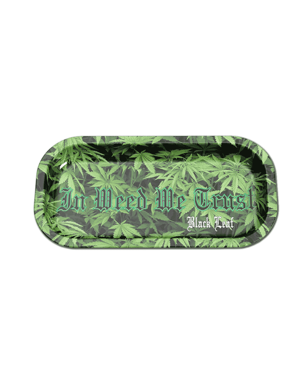 Black Leaf Mischtablett – Stylische Drehunterlage aus Metall | "In Weed We Trust Camo"