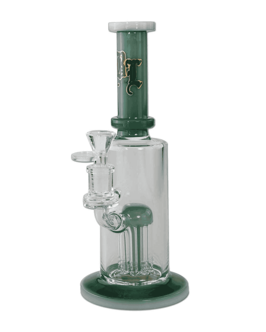 Seitenansicht der Black Leaf Perkolatorbong in grün, aus Borosilikatglas, Höhe 260mm
