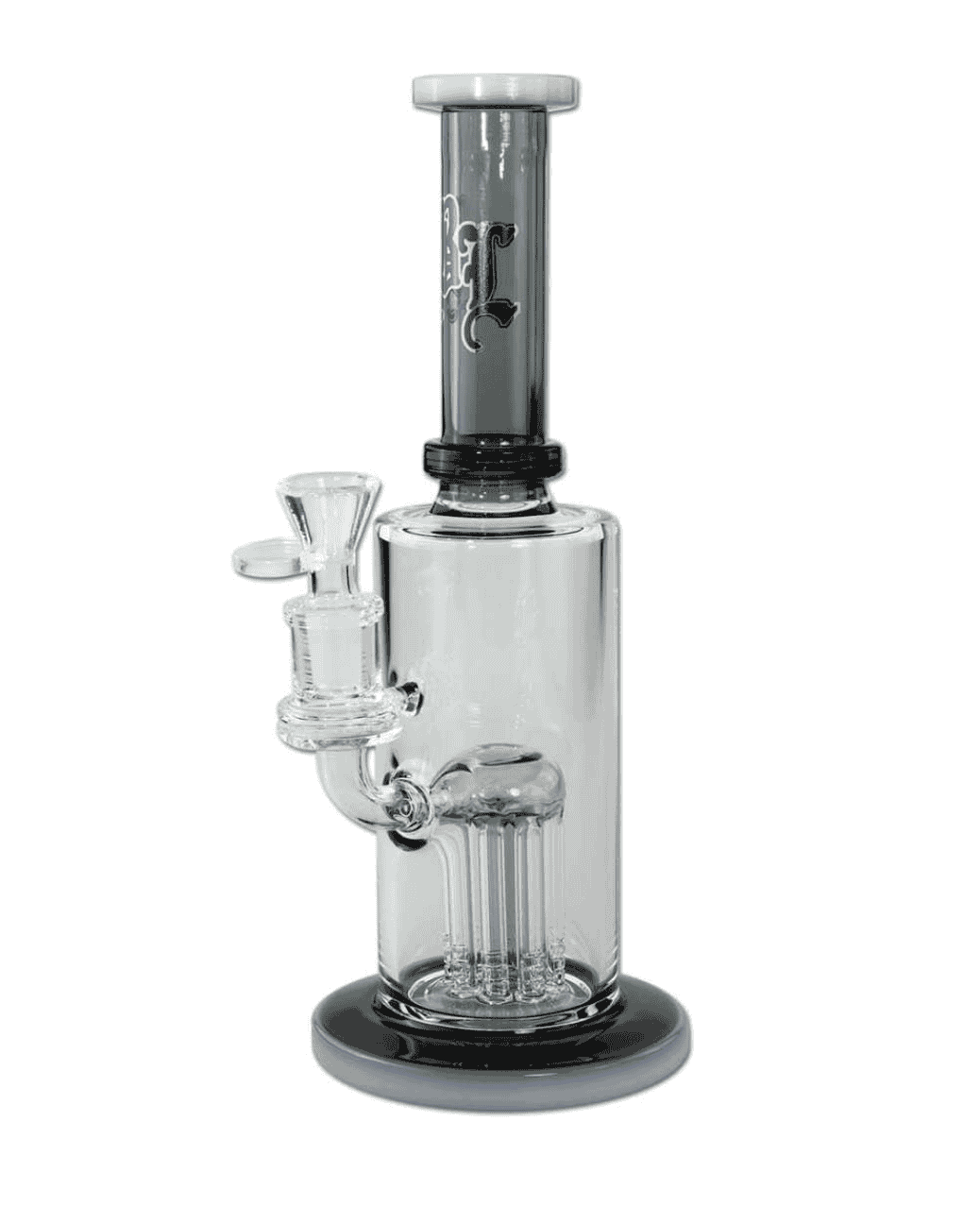 Seitenansicht der grauen Black Leaf Perkolatorbong aus Borosilikatglas mit 260mm Höhe und 8-Arm Baumperkolator.