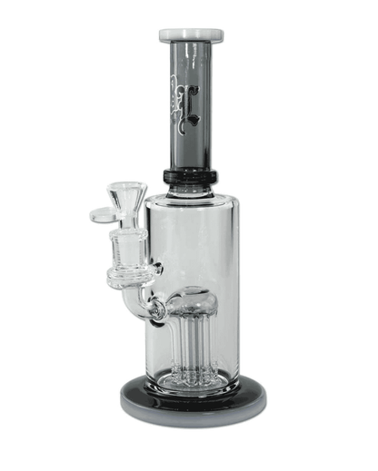 Seitenansicht der grauen Black Leaf Perkolatorbong aus Borosilikatglas mit 260mm Höhe und 8-Arm Baumperkolator.