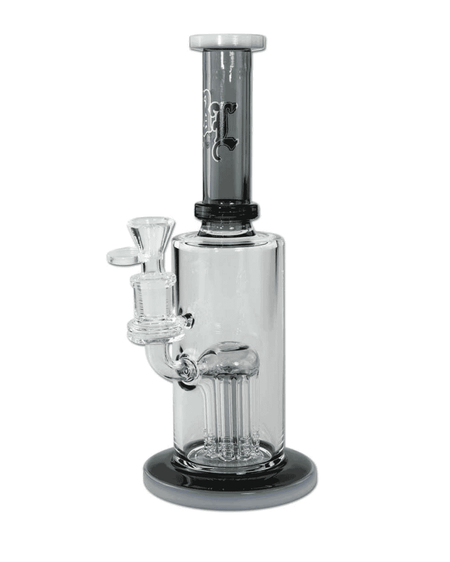 Seitenansicht der grauen Black Leaf Perkolatorbong aus Borosilikatglas mit 260mm Höhe und 8-Arm Baumperkolator.