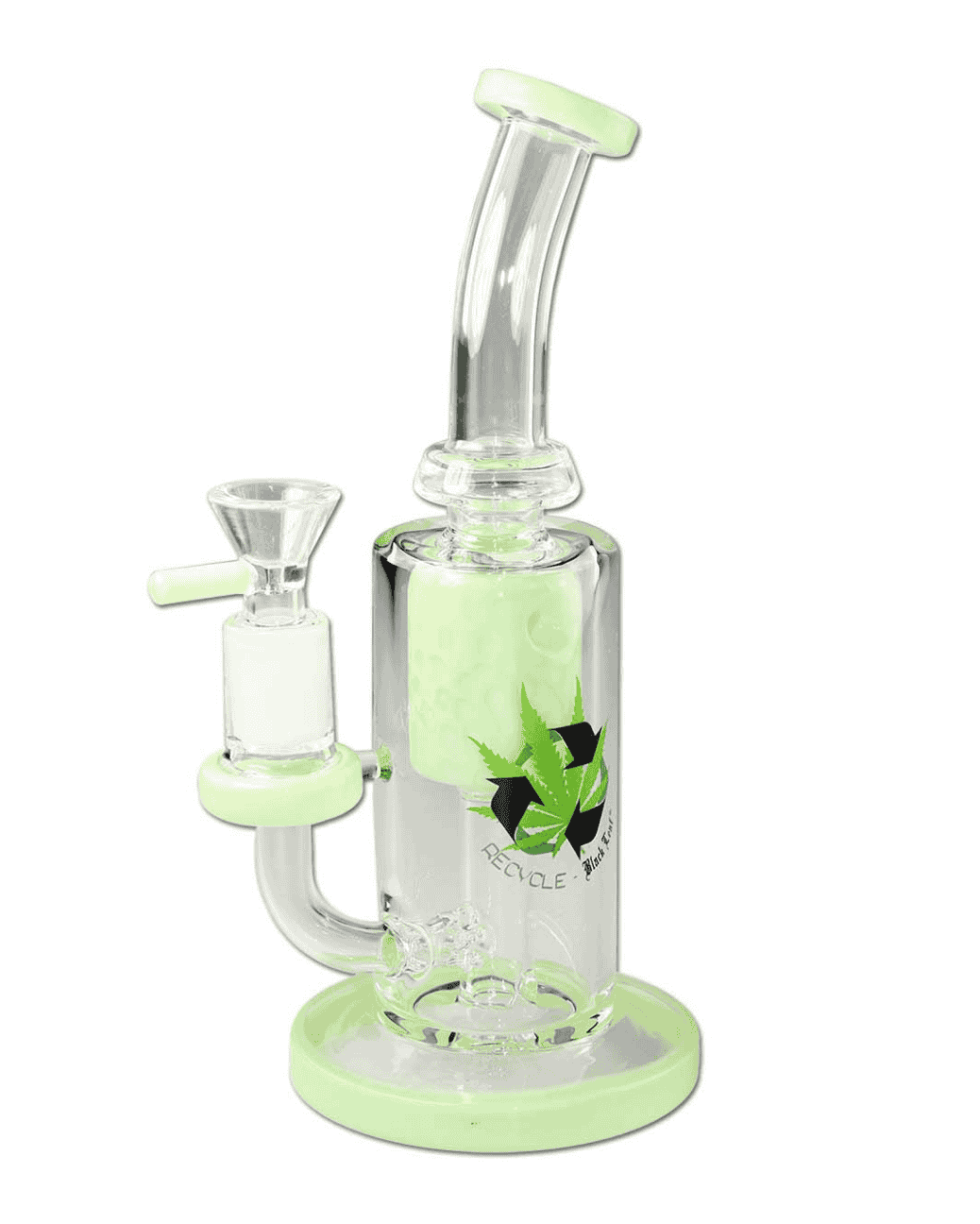 Seitenansicht des Black Leaf Recycle/Incycle Bubblers mit lila Borosilikatglas und Kegperkolator