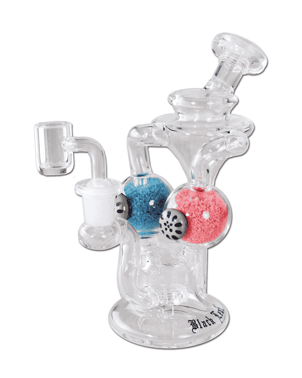 Gesamtansicht der Black Leaf Recyclebong aus Borosilikatglas, rot/blau, mit Glow in the Dark-Funktion