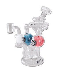 Gesamtansicht der Black Leaf Recyclebong aus Borosilikatglas, rot/blau, mit Glow in the Dark-Funktion