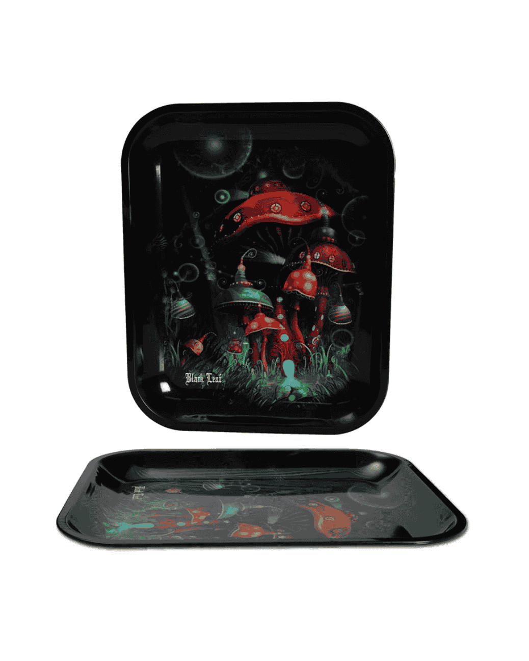 Black Leaf Rolling Tray – Dekorative Drehunterlage aus Metall | Motiv "Mushroom"