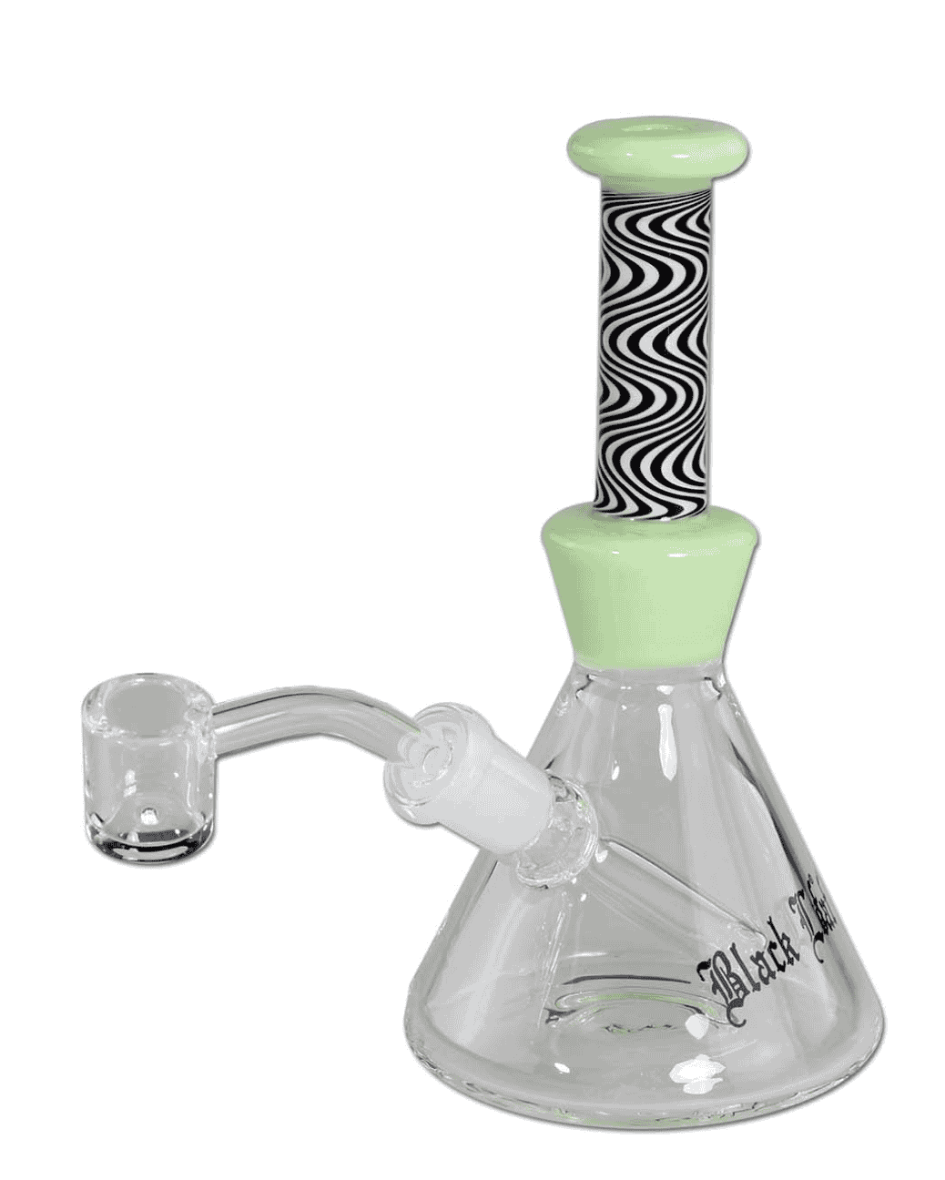 Seitenansicht der Black Leaf Ölbong/Dab Rig in hellgrün aus Borosilikatglas, Höhe 160mm
