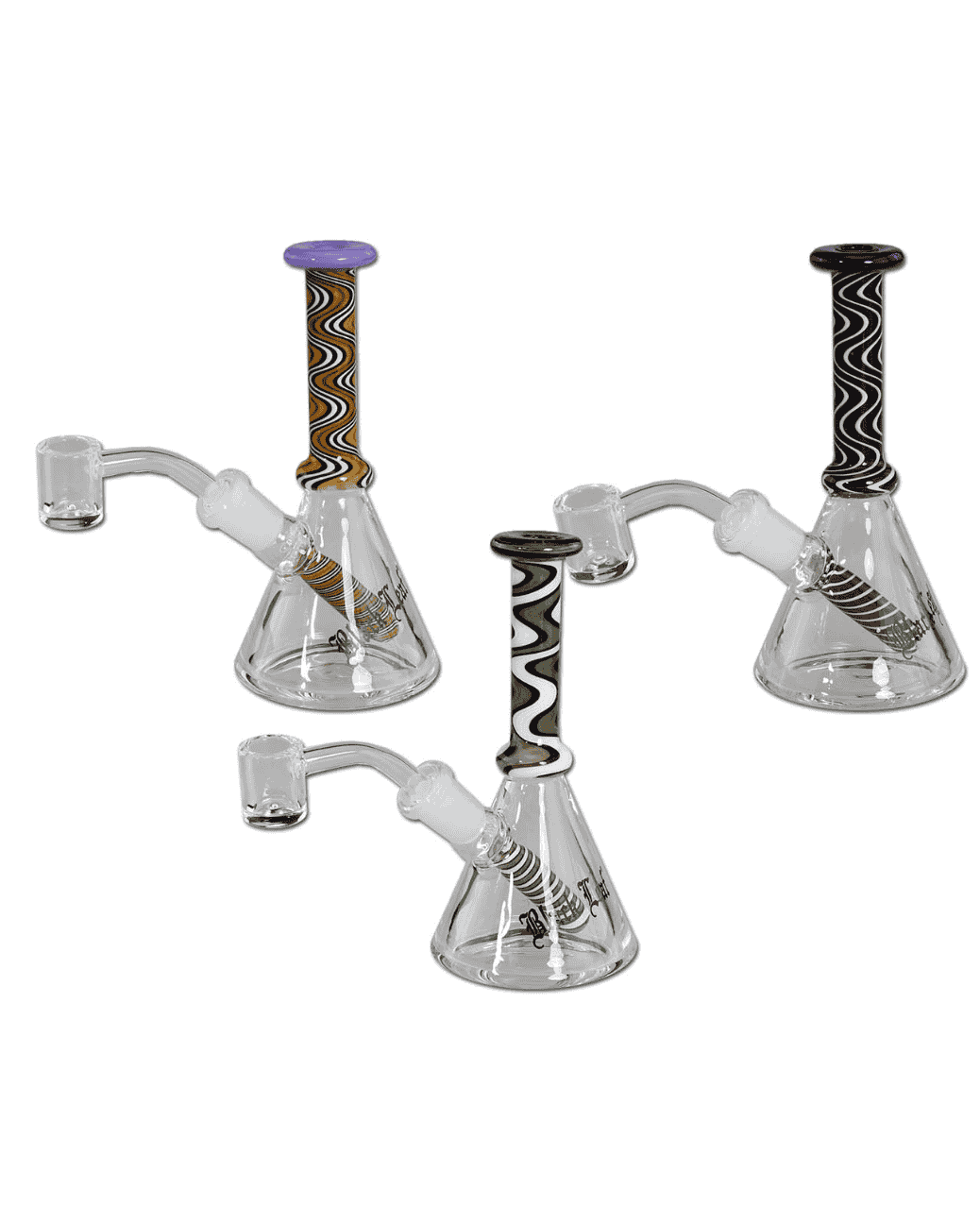 Seitenansicht der Black Leaf Ölbong/Dab Rig aus Borosilikatglas mit orangefarbenem Design und Black Leaf Logo