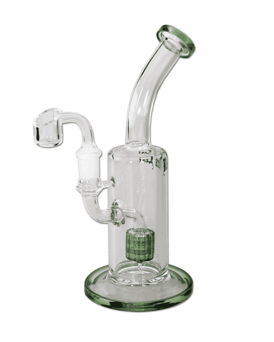 Seitenansicht der Black Leaf Ölbong/Dab Rig mit Trommelperkolator aus grünem Borosilikatglas.