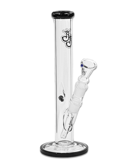 Seitenansicht der Bong Cologne aus 4 mm Borosilikatglas mit schwarzem Rand an Fuß und Mundstück, 29 cm hoch.