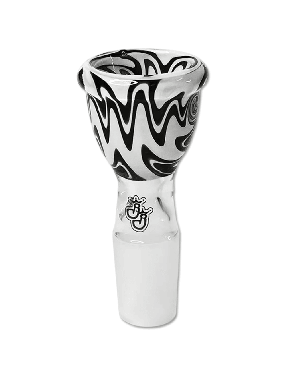 Gesamtansicht des Bong Kopfes Swirl Black/White mit 18,8 mm Schliff, zeigt das einzigartige schwarz-weiße Swirl-Muster.