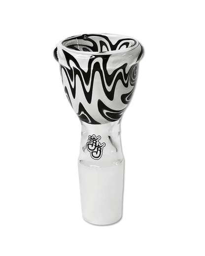 Gesamtansicht des Bong Kopfes Swirl Black/White mit 18,8 mm Schliff, zeigt das einzigartige schwarz-weiße Swirl-Muster.