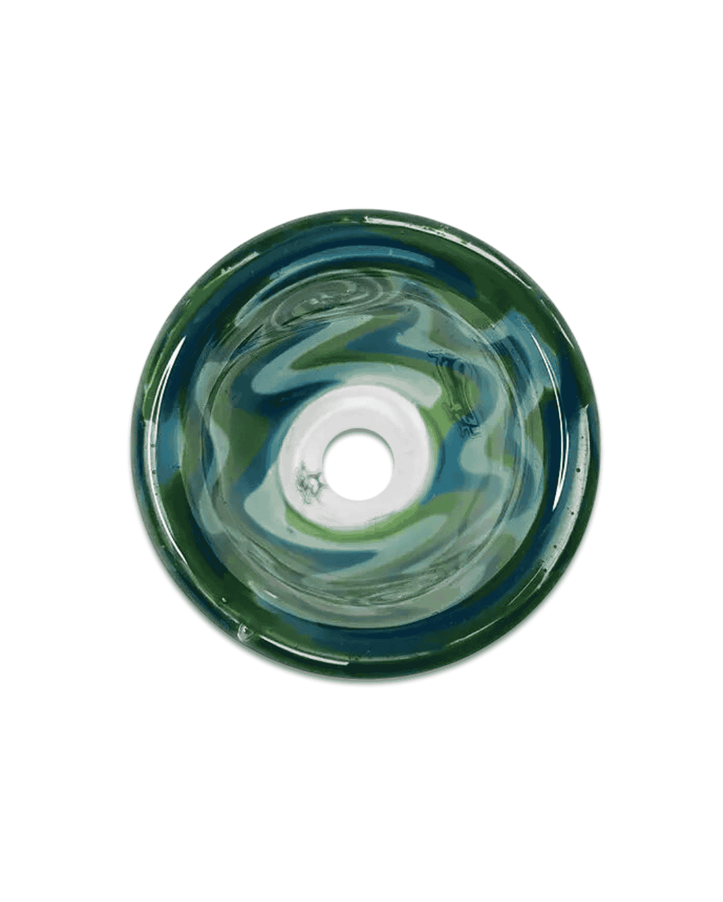 Seitenansicht des Bong Kopfs Swirl Green zeigt die robuste Glasverarbeitung und das einzigartige Swirl-Muster