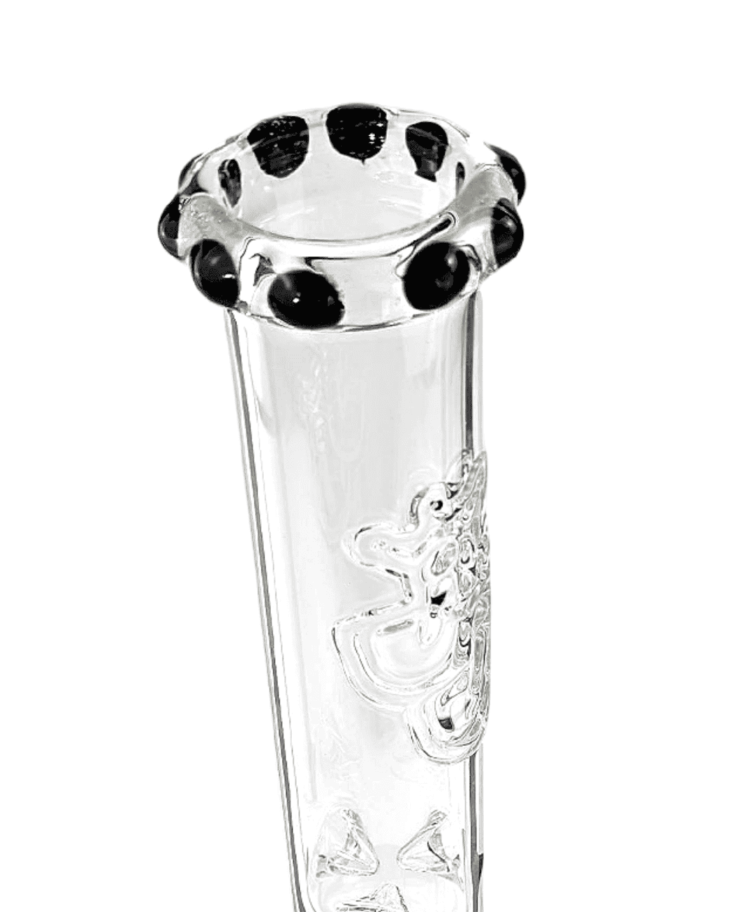 Detailaufnahme des flame polished Logos auf der Bong Morganit, das edlen Look verleiht