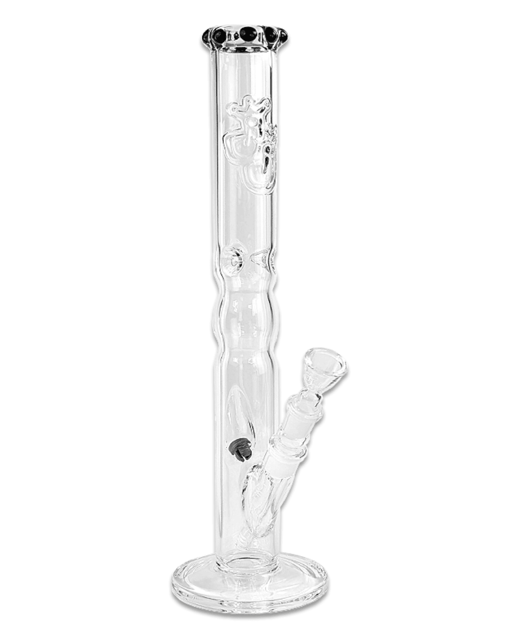 Bong Morganit aus 5 mm Borosilikatglas in Seitenansicht mit sichtbaren Eiskerben und schwarzem Kronenmundstück