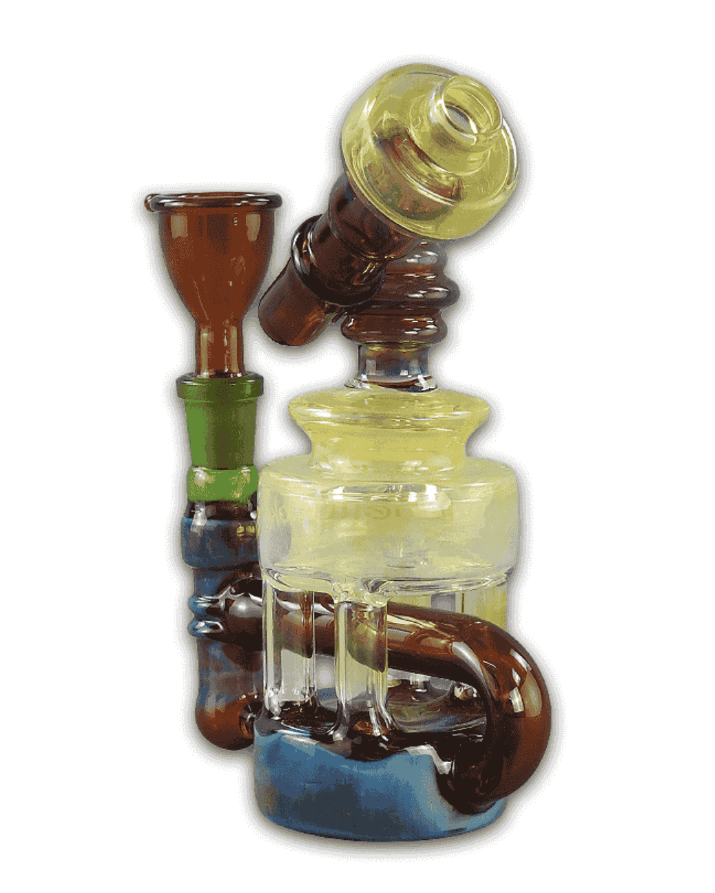 Nahaufnahme der Bong The MIX, die die Qualität des Borosilikatglases und das farbenfrohe Design zeigt