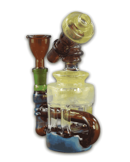 Nahaufnahme der Bong The MIX, die die Qualität des Borosilikatglases und das farbenfrohe Design zeigt