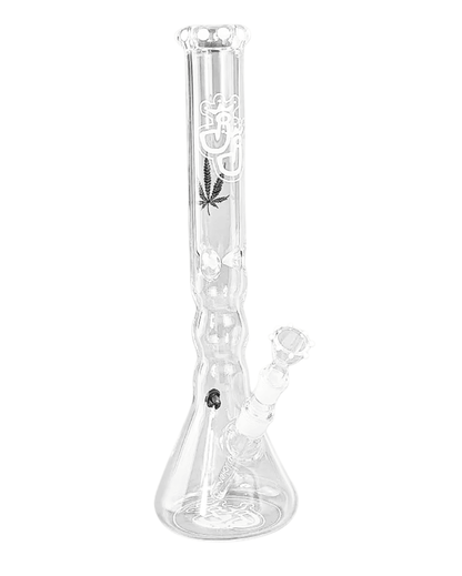 Elegante Bong White Tulip aus Borosilikatglas in der Frontansicht mit weißen Eiskerben und 45 cm Höhe