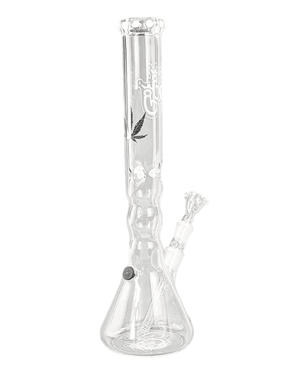 Seitenansicht der White Tulip Bong mit silbernem Hanfblatt-Design auf der Rückseite