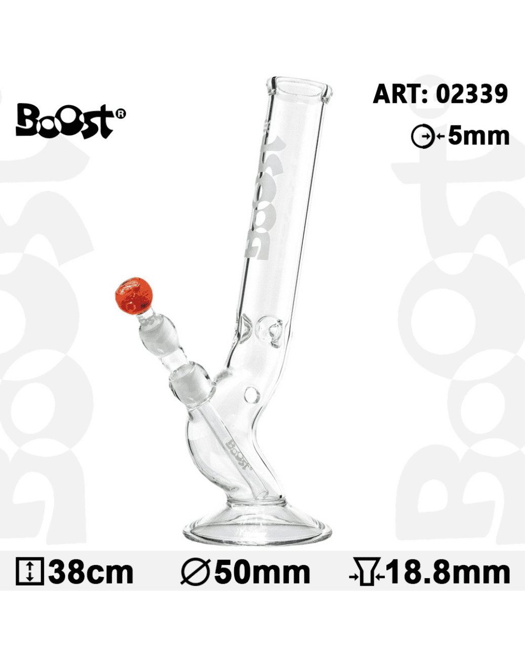 Gesamtansicht der Boost Bolt Glass Bong mit gebogener Basisröhre und weißem Logo.