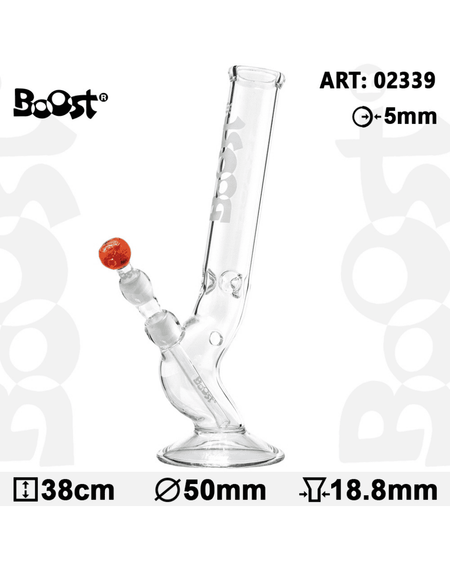 Gesamtansicht der Boost Bolt Glass Bong mit gebogener Basisröhre und weißem Logo.