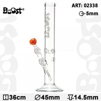 Gesamtansicht der Boost Cane Glasbong aus Borosilikatglas, 36 cm hoch, mit weißem Boost-Logo.