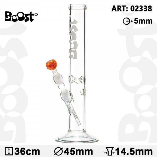 Gesamtansicht der Boost Cane Glasbong aus Borosilikatglas, 36 cm hoch, mit weißem Boost-Logo.