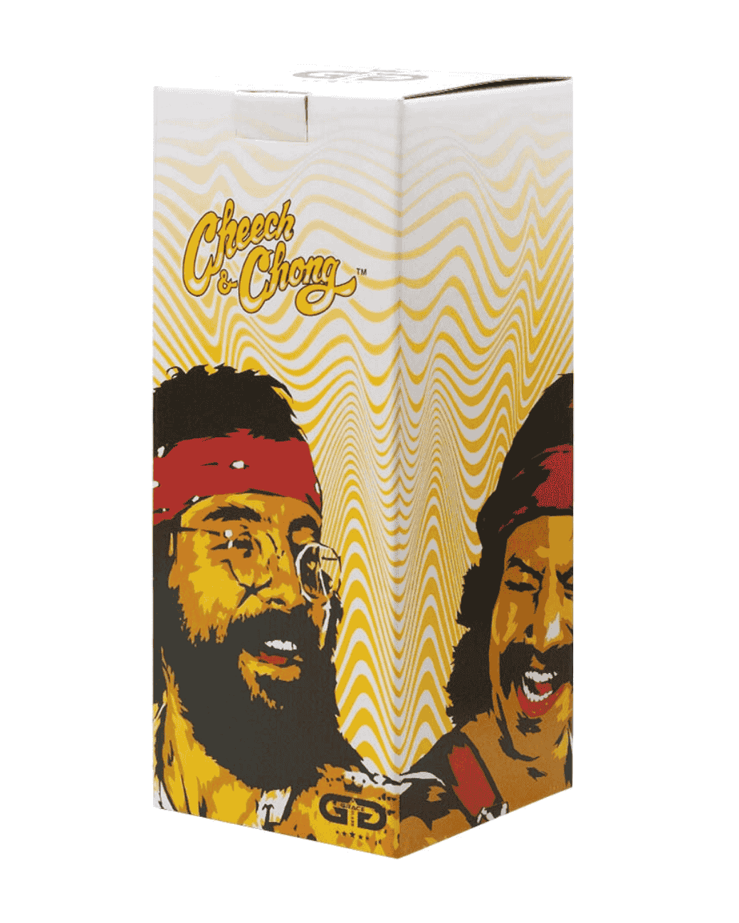 Gesamtansicht der Cheech & Chong 'Peace' Glasbong von Grace Glass mit grünem Chillum und Cheech & Chong Kunstwerk.