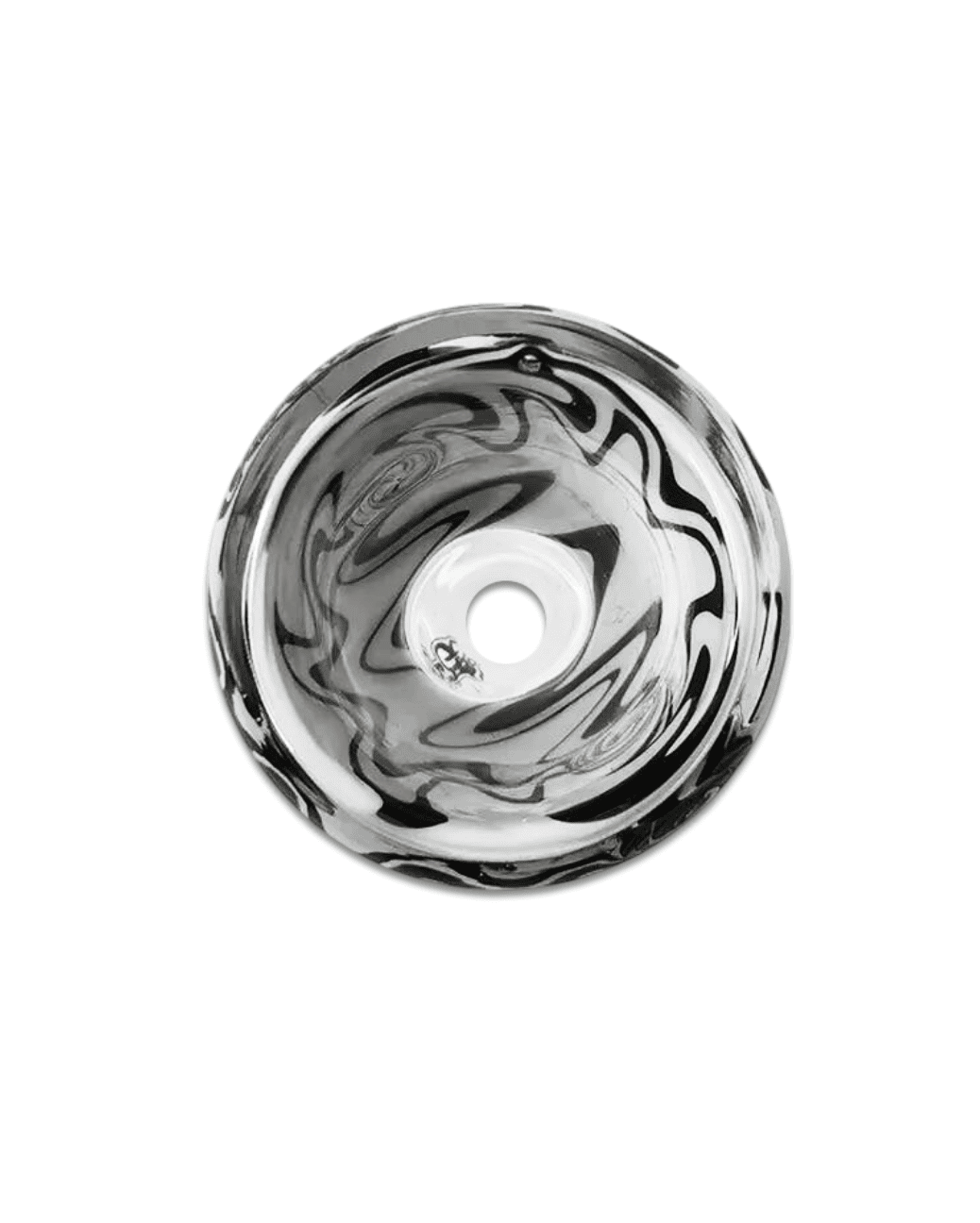 Nahaufnahme des 18,8 mm Schliffs des Bong Kopfes Swirl Black/White, zeigt die präzise Verarbeitung des Glases.