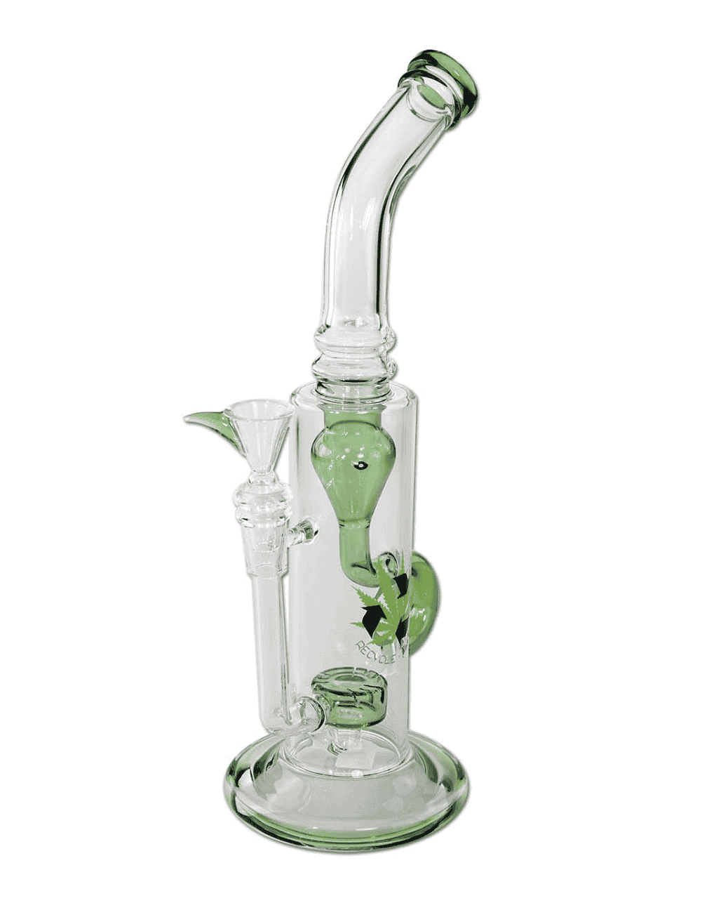 Frontansicht der grünen Black Leaf Recycle-Bong aus Borosilikatglas mit Trommelperkolator